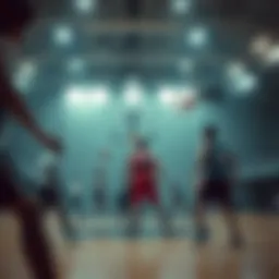Basketball court with teams competing