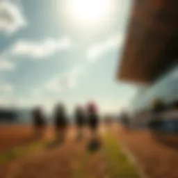 A vibrant racetrack showcasing horses racing under a bright sky