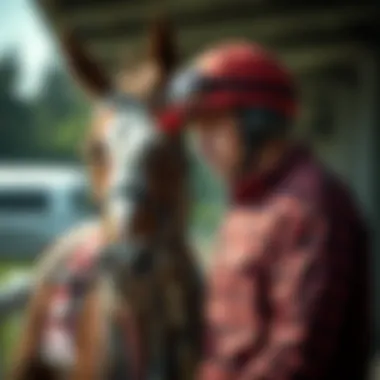 A professional horse trainer instructing a jockey